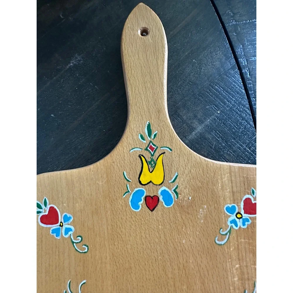 Vintage Hand Painted Wood Cutting Board Folk Art Blue Birds Heart Decorative